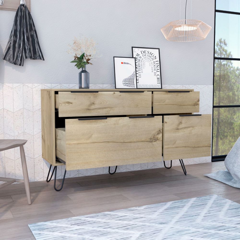 Skyoner Double Dresser featuring four drawers, hairpin legs, and a light oak finish, perfect for modern bedroom decor.