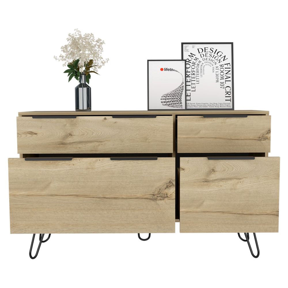 Skyoner Double Dresser featuring four drawers, hairpin legs, and a light oak finish, perfect for modern bedroom decor.