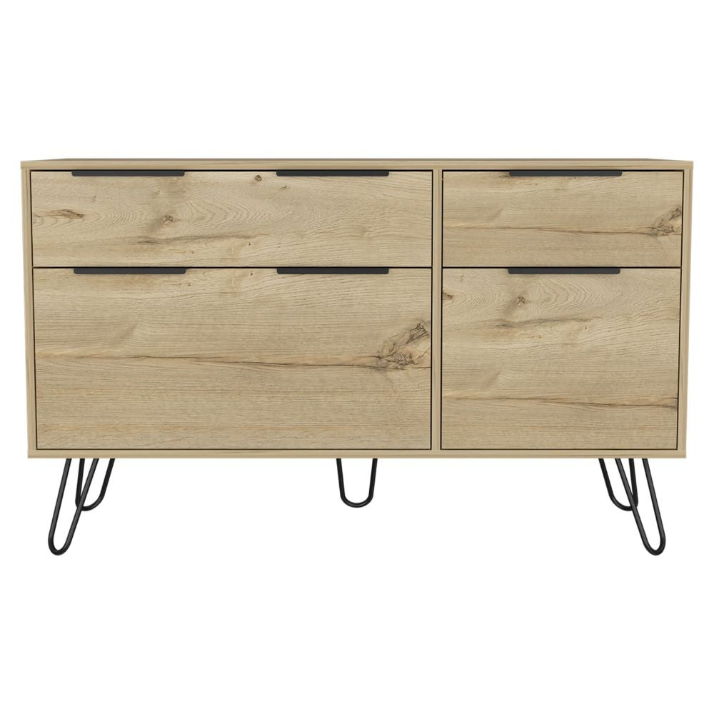 Skyoner Double Dresser featuring four drawers, hairpin legs, and a light oak finish, perfect for modern bedroom decor.