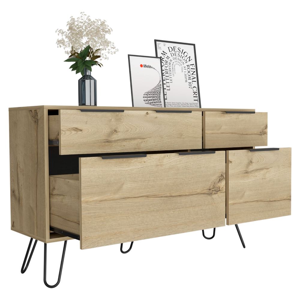 Skyoner Double Dresser featuring four drawers, hairpin legs, and a light oak finish, perfect for modern bedroom decor.