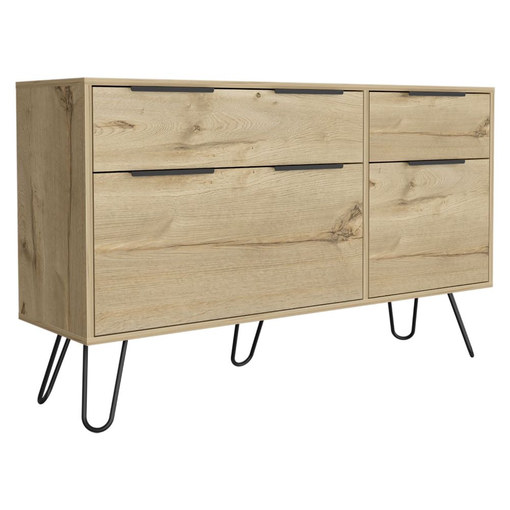 Skyoner Double Dresser featuring four drawers, hairpin legs, and a light oak finish, perfect for modern bedroom decor.