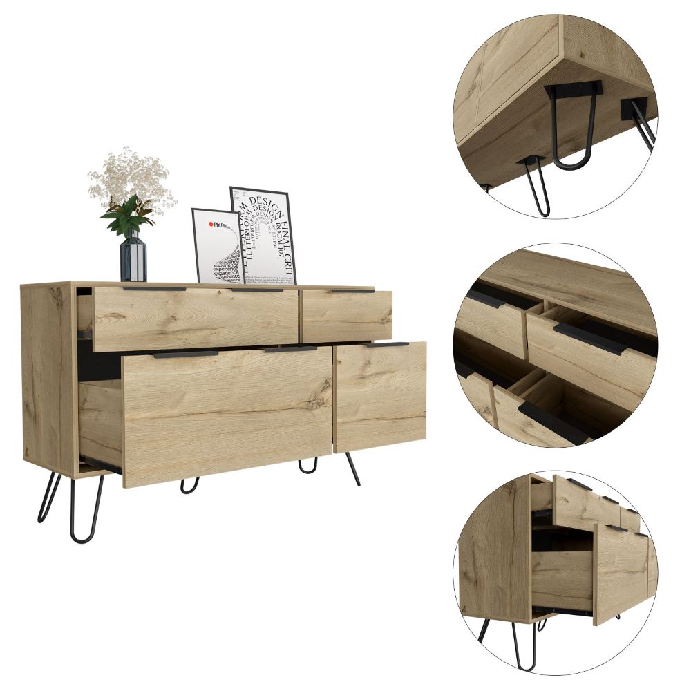 Skyoner Double Dresser featuring four drawers, hairpin legs, and a light oak finish, perfect for modern bedroom decor.