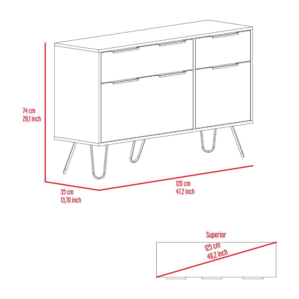 Skyoner Double Dresser featuring four drawers, hairpin legs, and a light oak finish, perfect for modern bedroom decor.