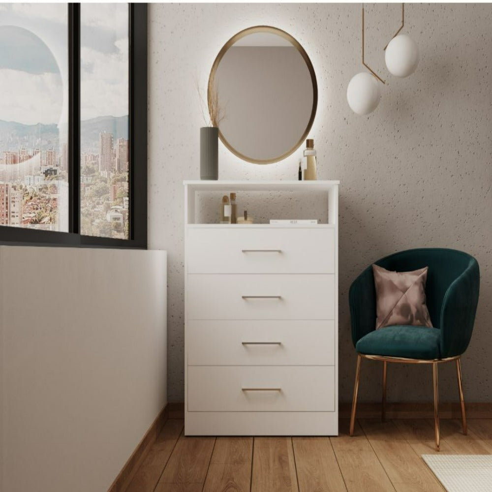 Atlanta Dresser with four drawers and open shelf in white finish, showcasing modern design and functionality.