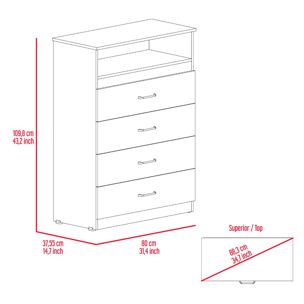 Atlanta Dresser with four drawers and open shelf in white finish, showcasing modern design and functionality.