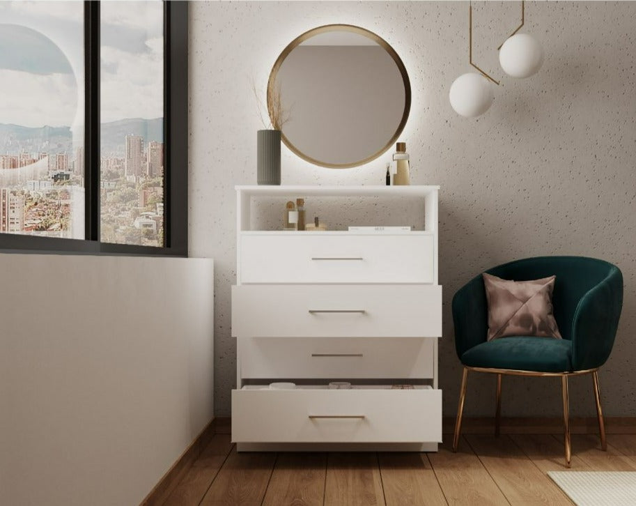 Atlanta Dresser with four drawers and open shelf in white finish, showcasing modern design and functionality.