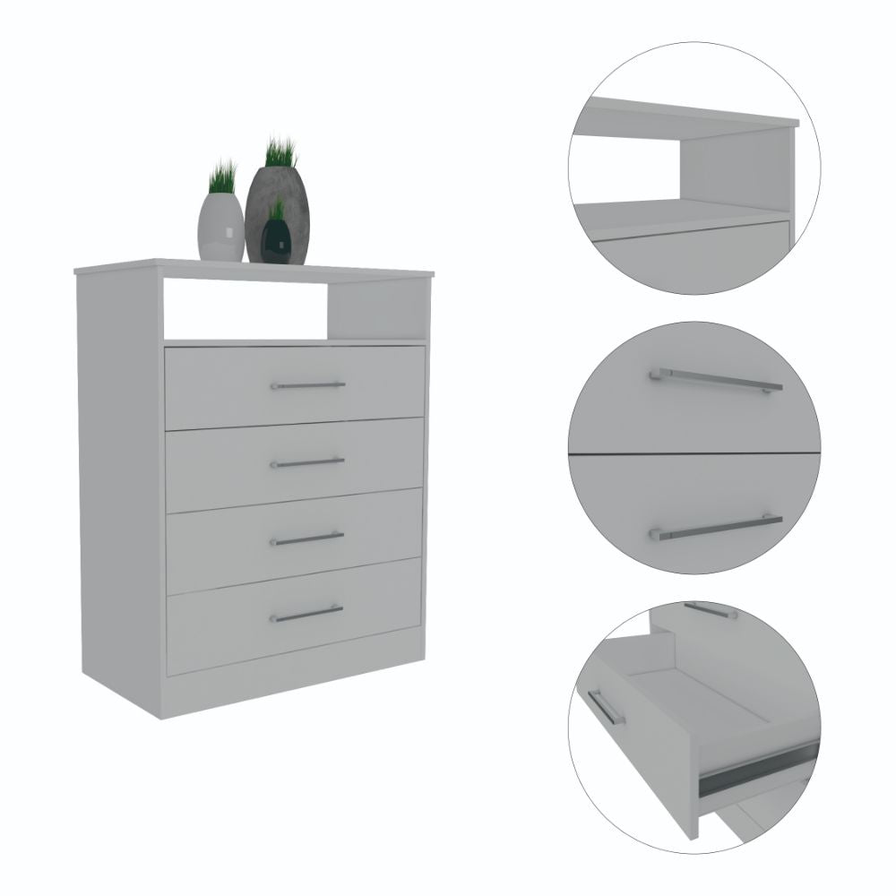 Atlanta Dresser with four drawers and open shelf in white finish, showcasing modern design and functionality.