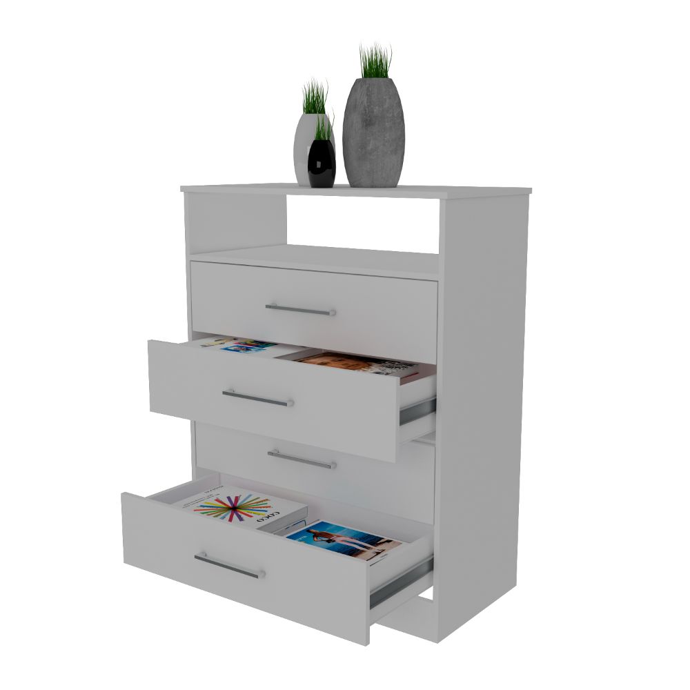 Atlanta Dresser with four drawers and open shelf in white finish, showcasing modern design and functionality.