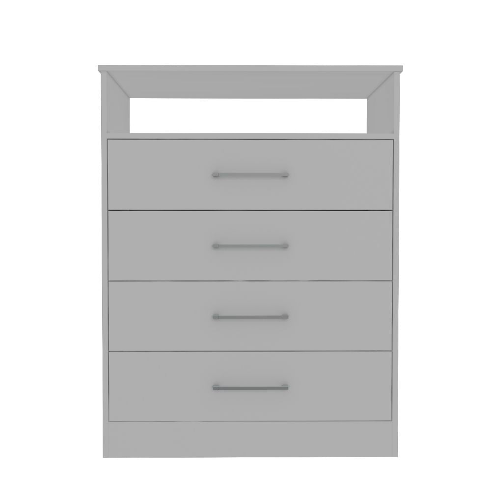 Atlanta Dresser with four drawers and open shelf in white finish, showcasing modern design and functionality.