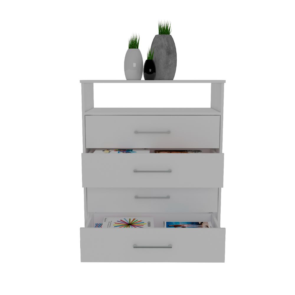 Atlanta Dresser with four drawers and open shelf in white finish, showcasing modern design and functionality.