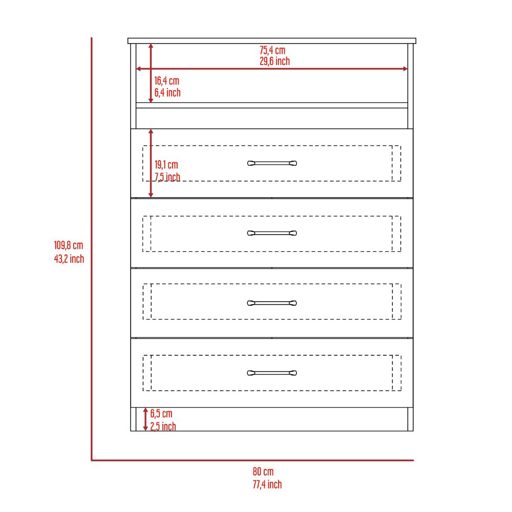 Atlanta Dresser with four drawers and open shelf in white finish, showcasing modern design and functionality.