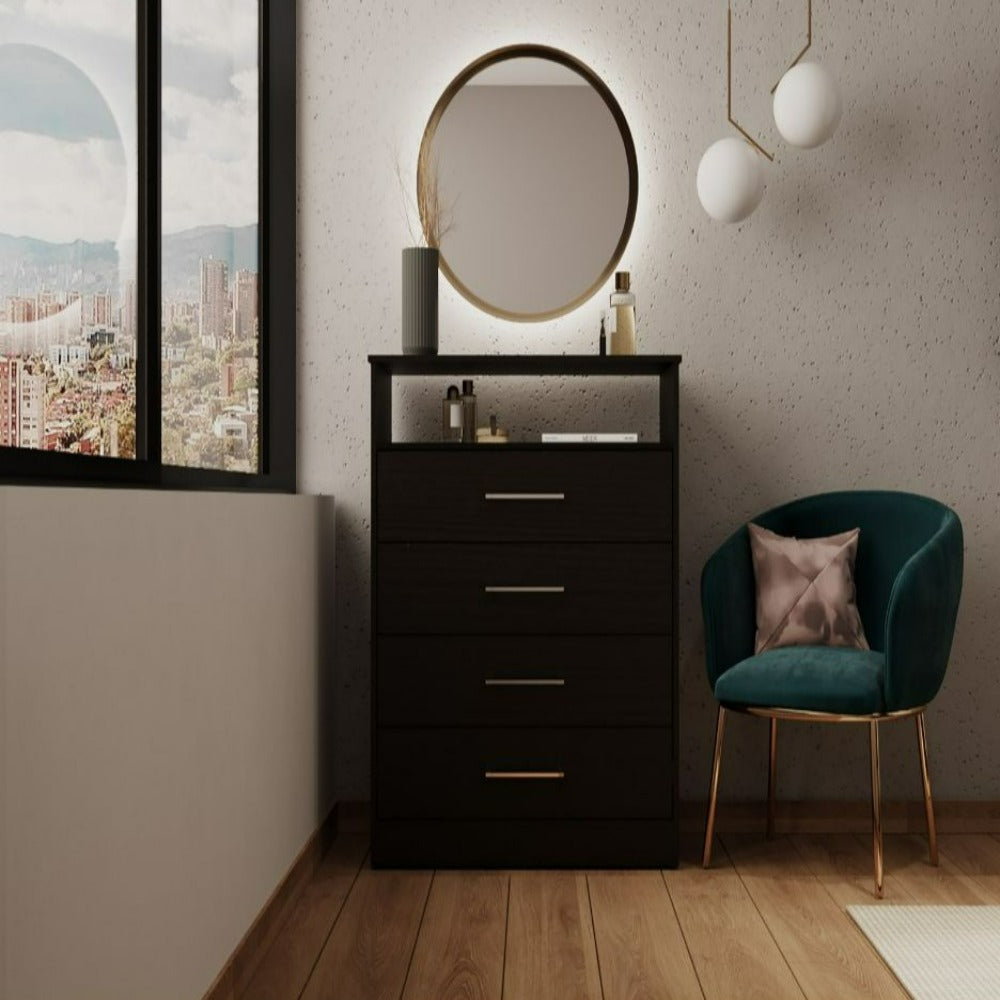 Atlanta Dresser with four drawers and black wengue finish, featuring an open shelf for electronics.