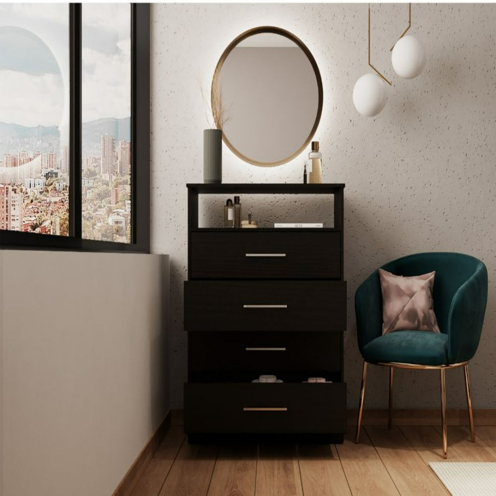 Atlanta Dresser with four drawers and black wengue finish, featuring an open shelf for electronics.