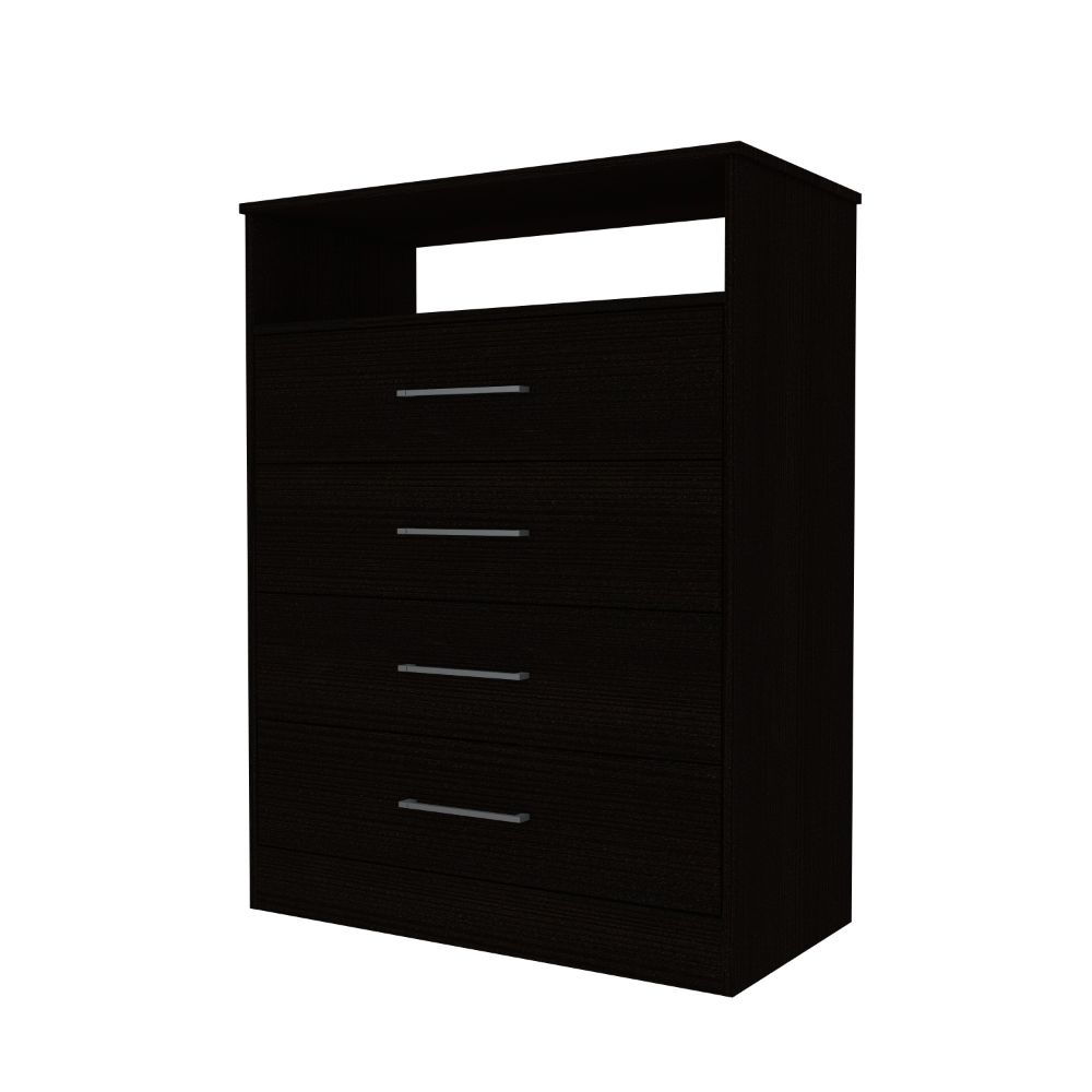 Atlanta Dresser with four drawers and black wengue finish, featuring an open shelf for electronics.