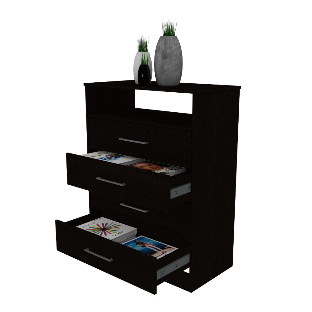 Atlanta Dresser with four drawers and black wengue finish, featuring an open shelf for electronics.