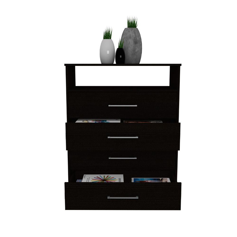 Atlanta Dresser with four drawers and black wengue finish, featuring an open shelf for electronics.