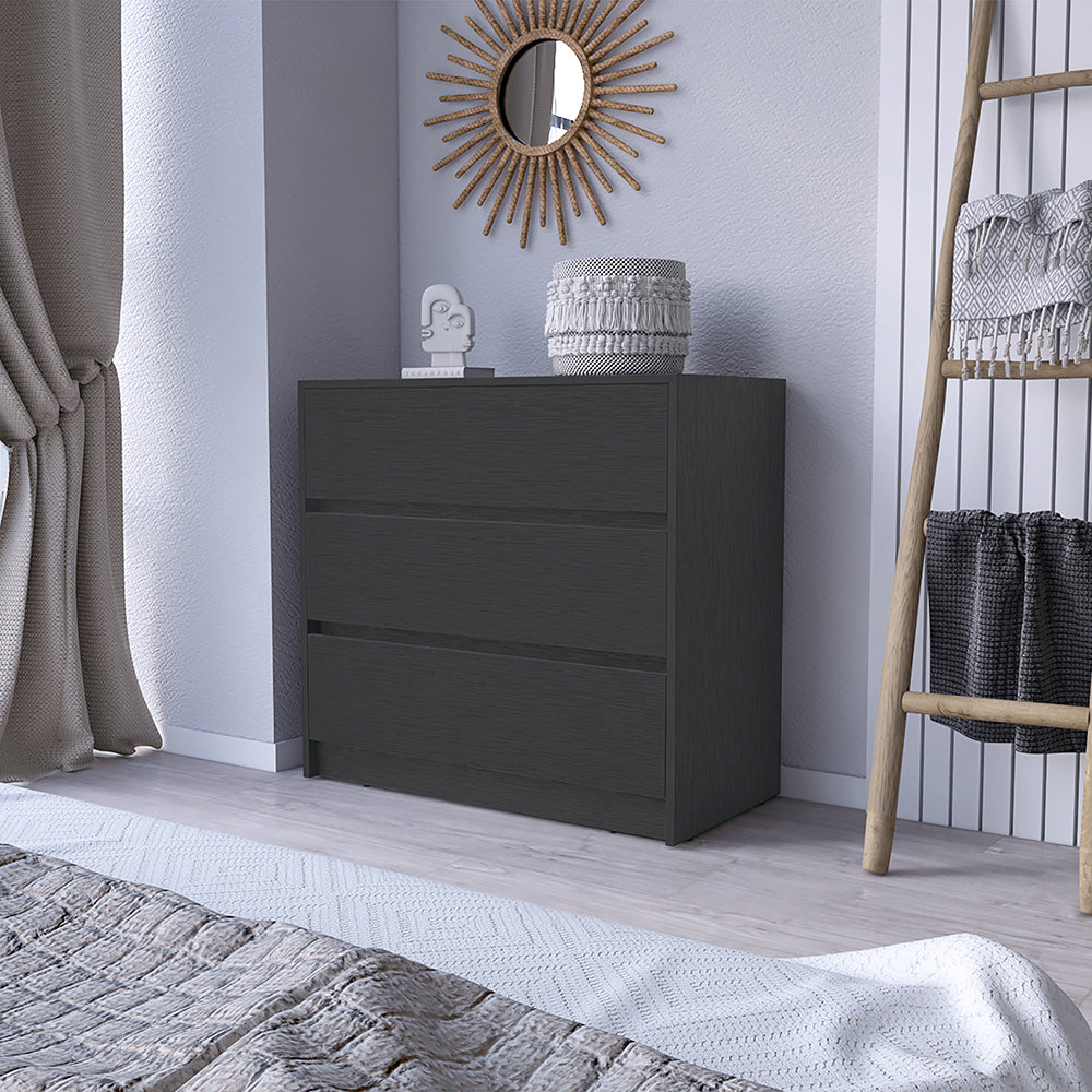 Dresser Maldus with three drawers in a sleek black wengue finish, ideal for bedroom organization.