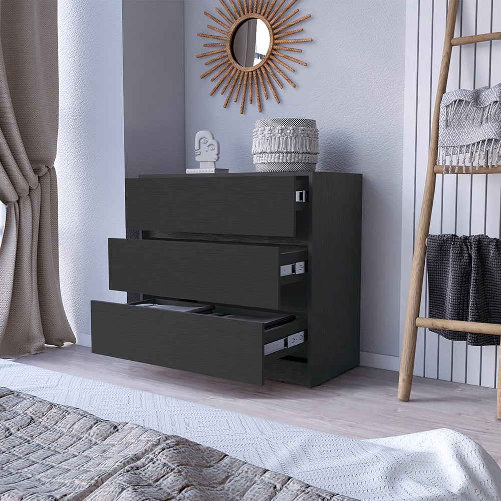 Dresser Maldus with three drawers in a sleek black wengue finish, ideal for bedroom organization.