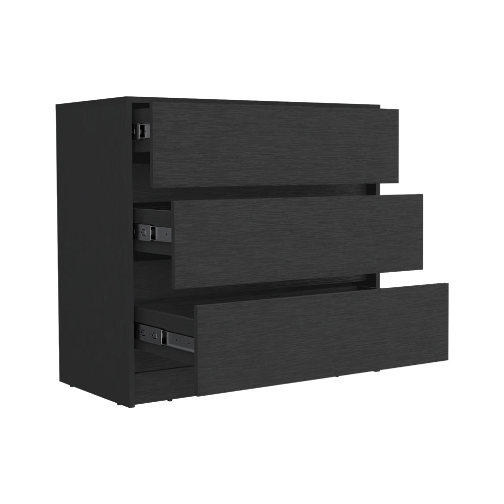 Dresser Maldus with three drawers in a sleek black wengue finish, ideal for bedroom organization.