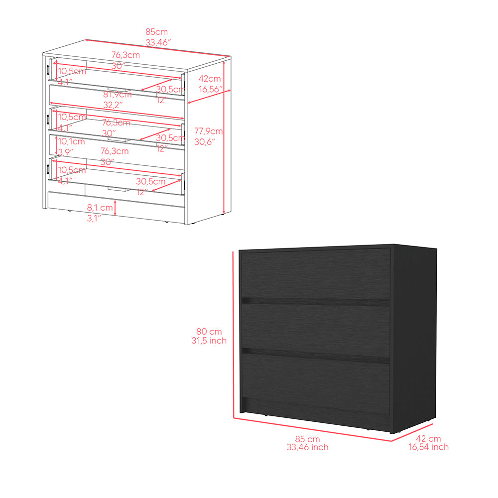 Dresser Maldus with three drawers in a sleek black wengue finish, ideal for bedroom organization.