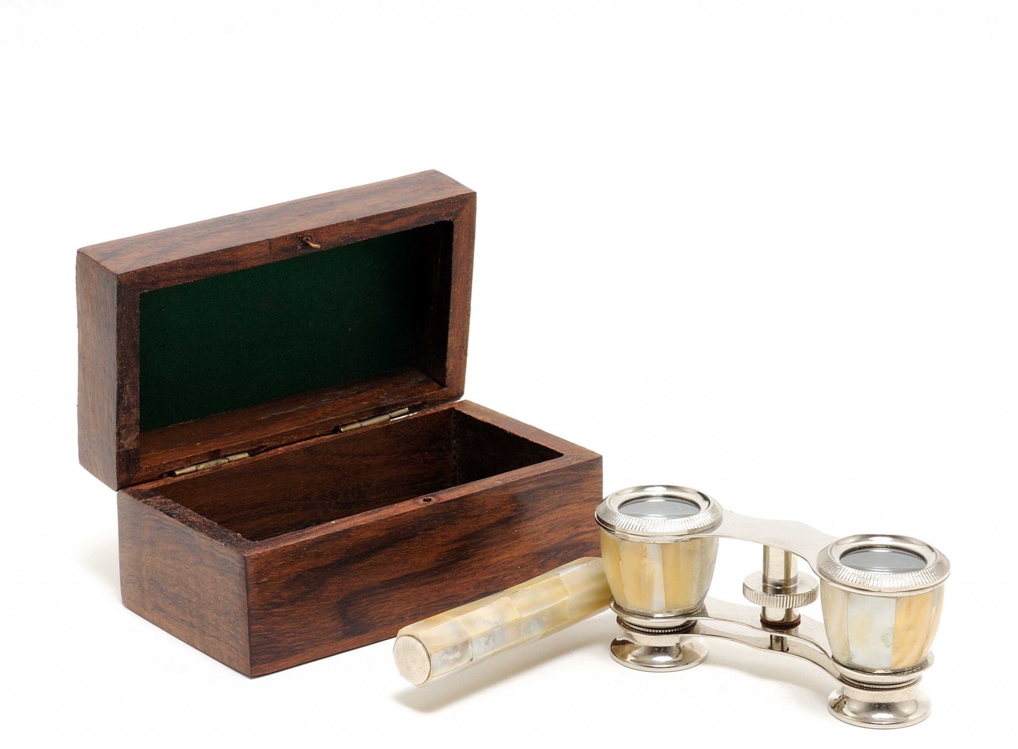 Elegant mother of pearl opera glasses with brass body in a stylish wood storage box, perfect for theater viewing.