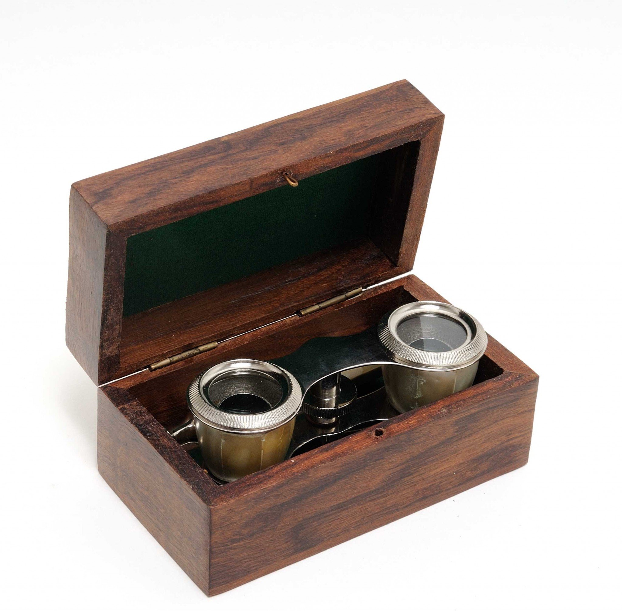 Elegant mother of pearl opera glasses with brass body in a stylish wood storage box, perfect for theater viewing.