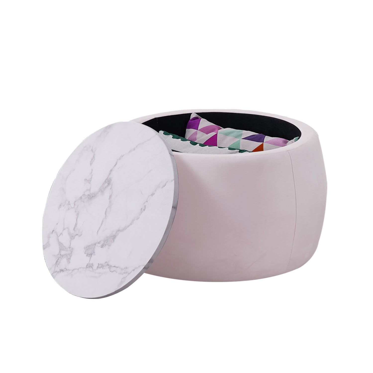 Stylish pink end table with storage, featuring a round design and removable top, perfect for living rooms and bedrooms.