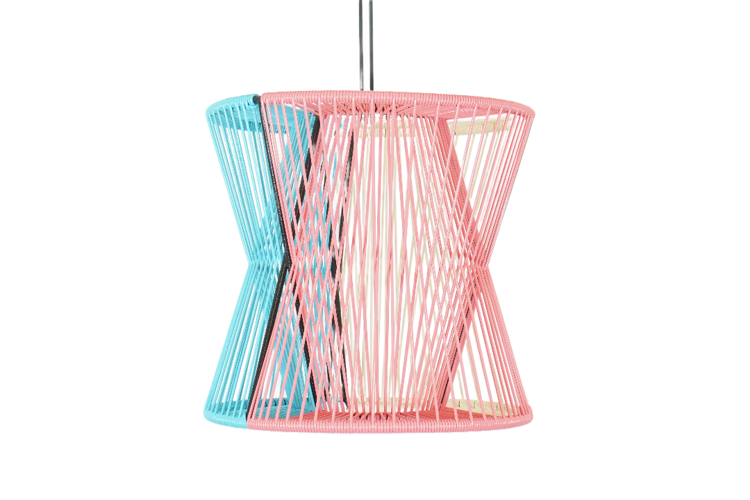 The Entre Lamp, a handcrafted lighting solution, showcasing vibrant colors and patterns with a weather-resistant steel frame.