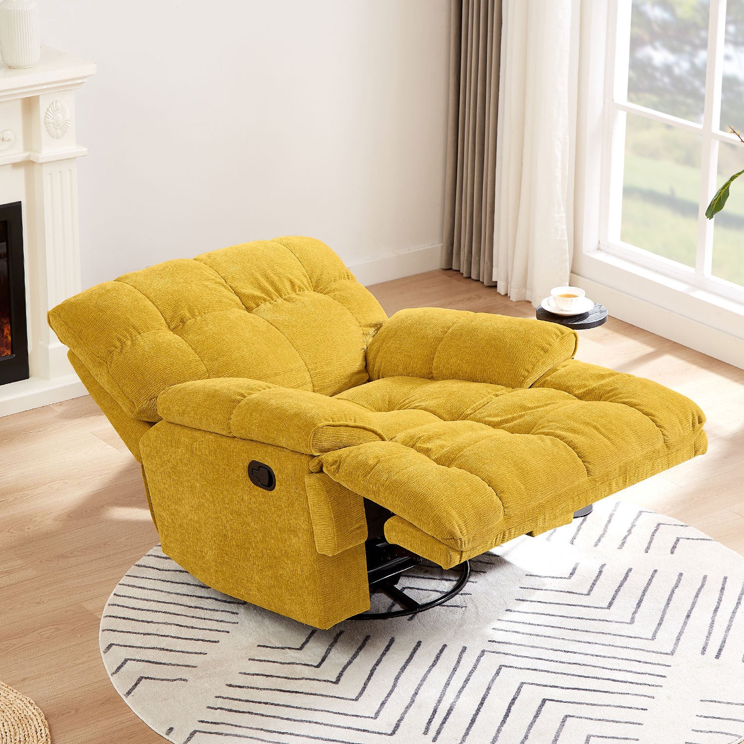 Ergonomic Glider 360 Degree Swivel Chair in yellow, featuring overstuffed backrest and armrests, designed for comfort and relaxation.