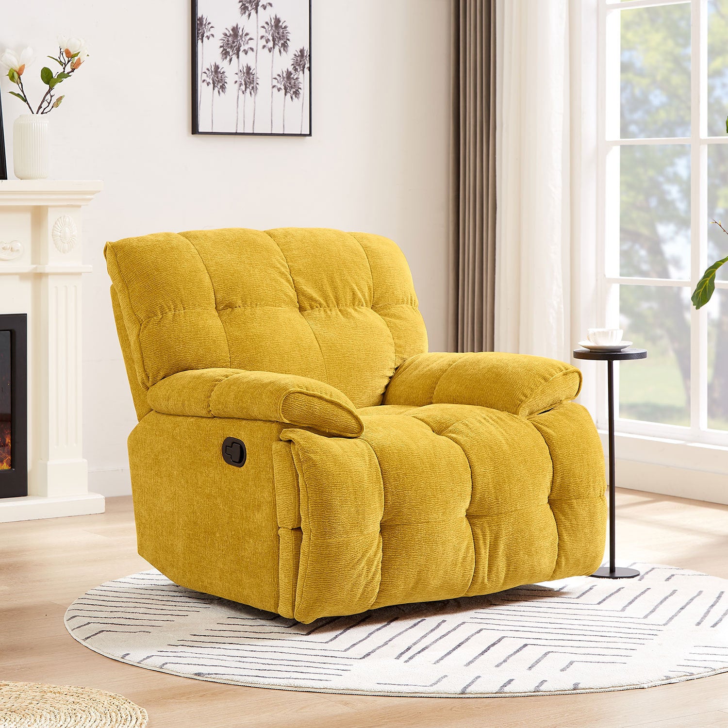 Ergonomic Glider 360 Degree Swivel Chair in yellow, featuring overstuffed backrest and armrests, designed for comfort and relaxation.