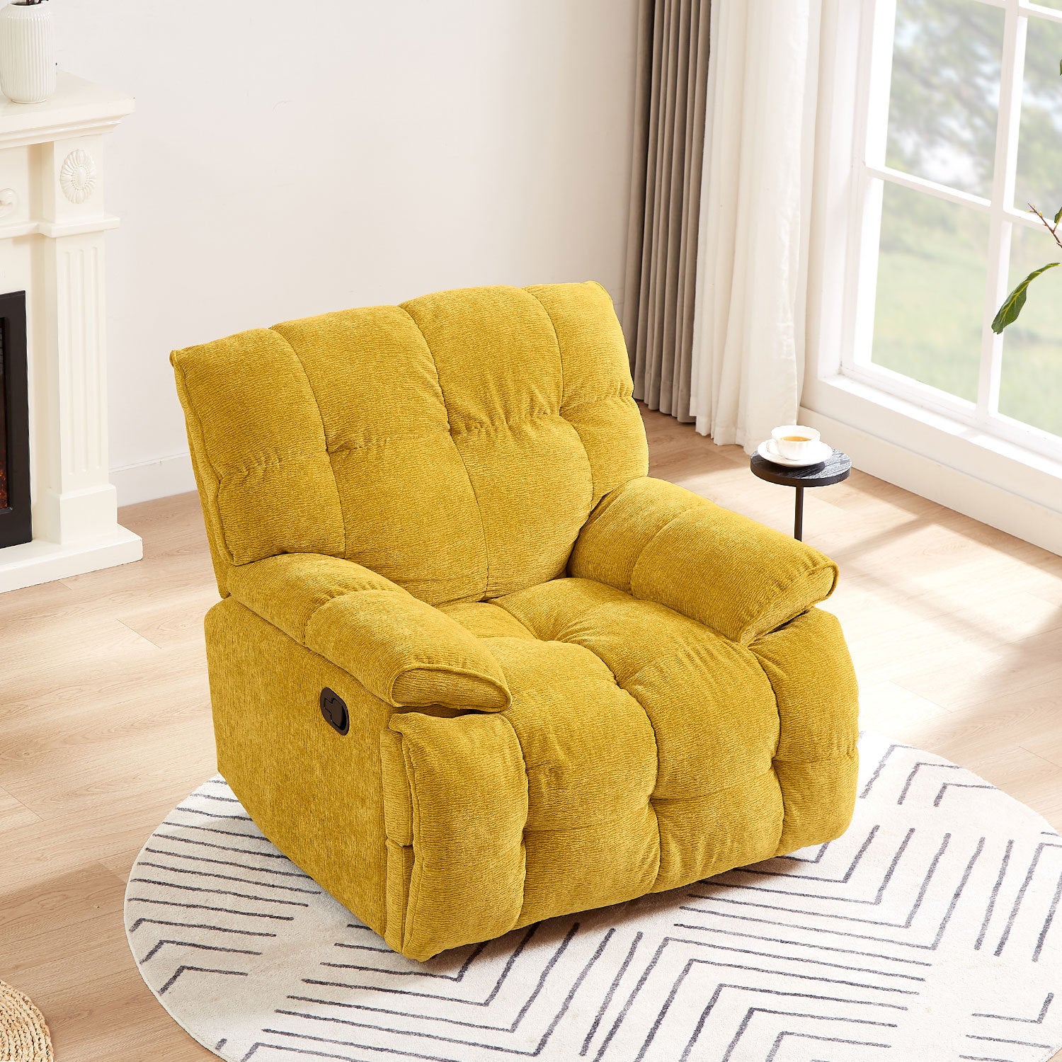 Ergonomic Glider 360 Degree Swivel Chair in yellow, featuring overstuffed backrest and armrests, designed for comfort and relaxation.