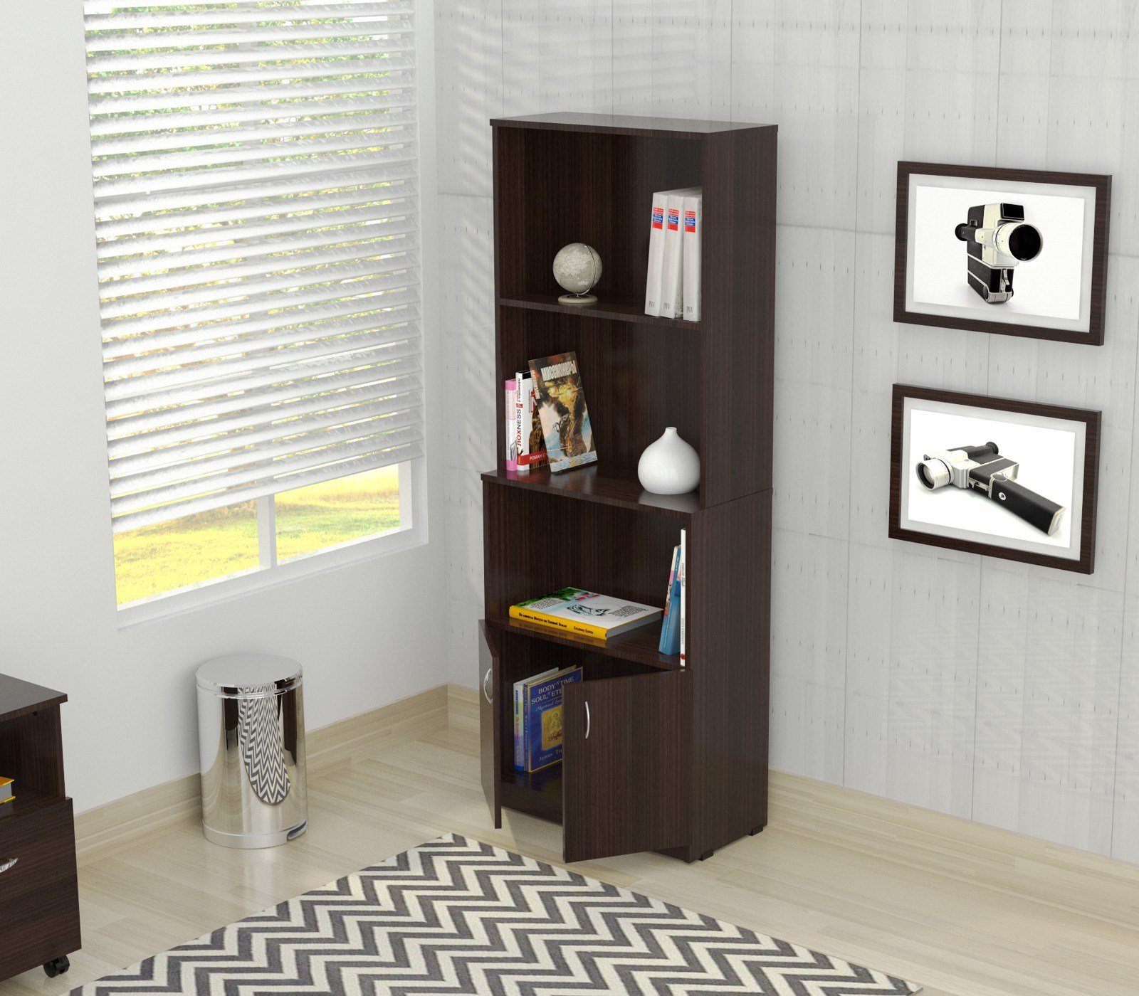 Espresso Finish Wood Three Self and Cabinet Bookcase with adjustable shelves and metal handles, perfect for stylish storage.