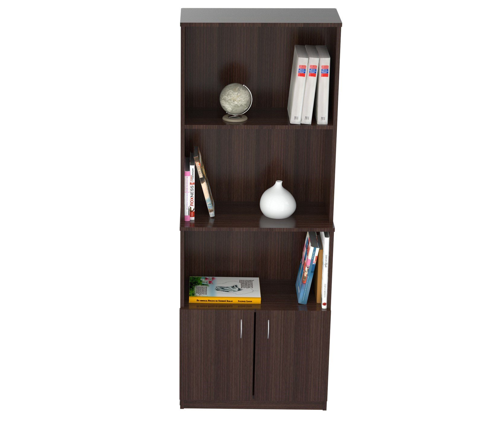 Espresso Finish Wood Three Self and Cabinet Bookcase with adjustable shelves and metal handles, perfect for stylish storage.