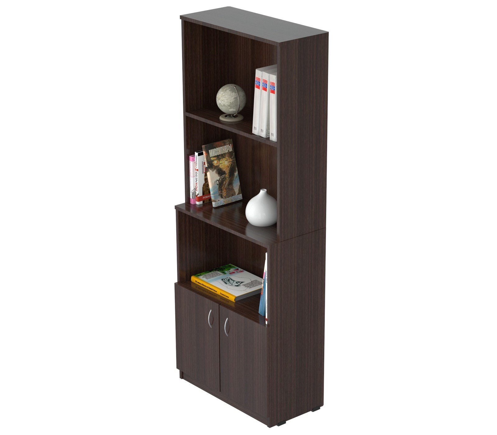 Espresso Finish Wood Three Self and Cabinet Bookcase with adjustable shelves and metal handles, perfect for stylish storage.