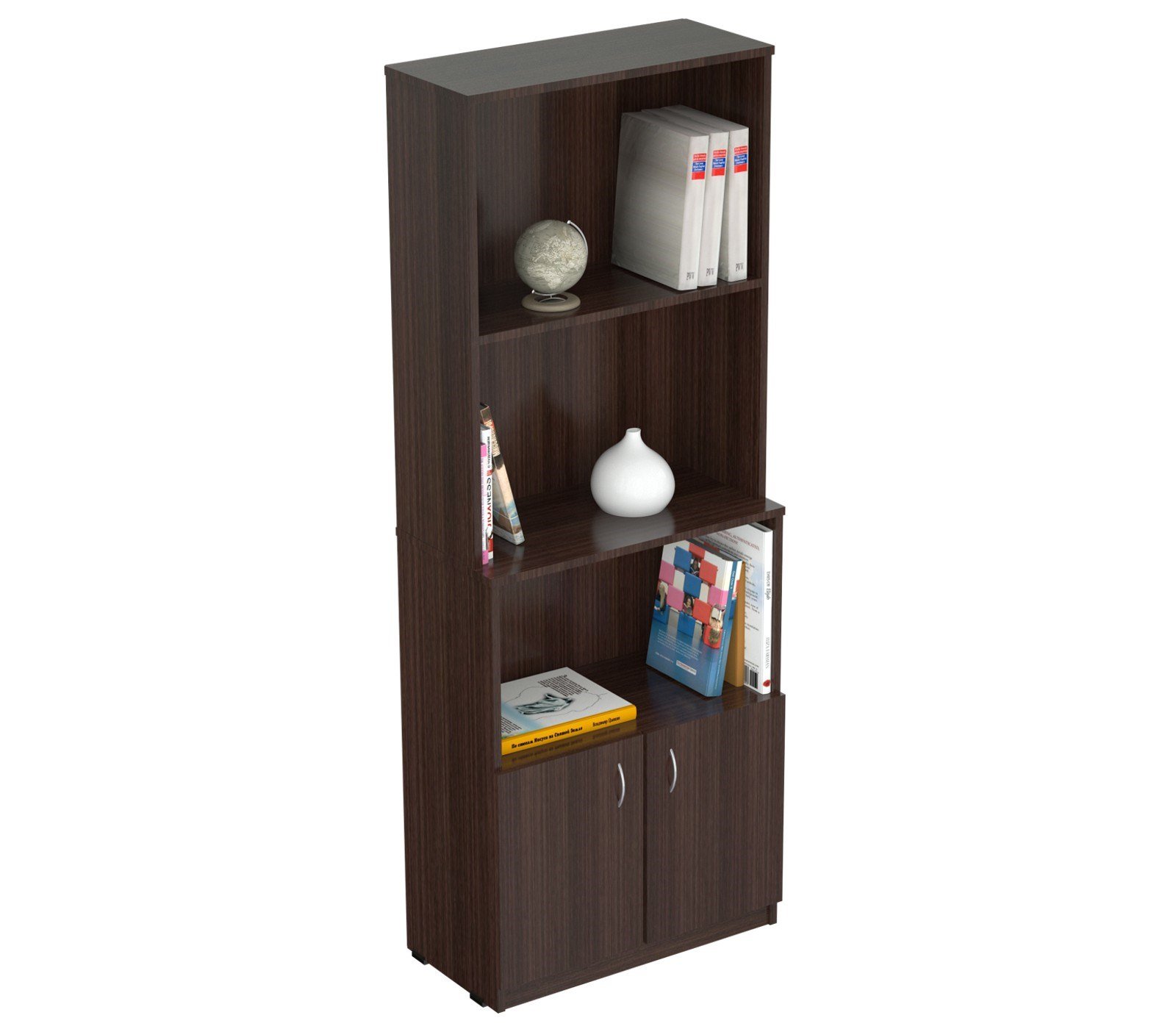 Espresso Finish Wood Three Self and Cabinet Bookcase with adjustable shelves and metal handles, perfect for stylish storage.