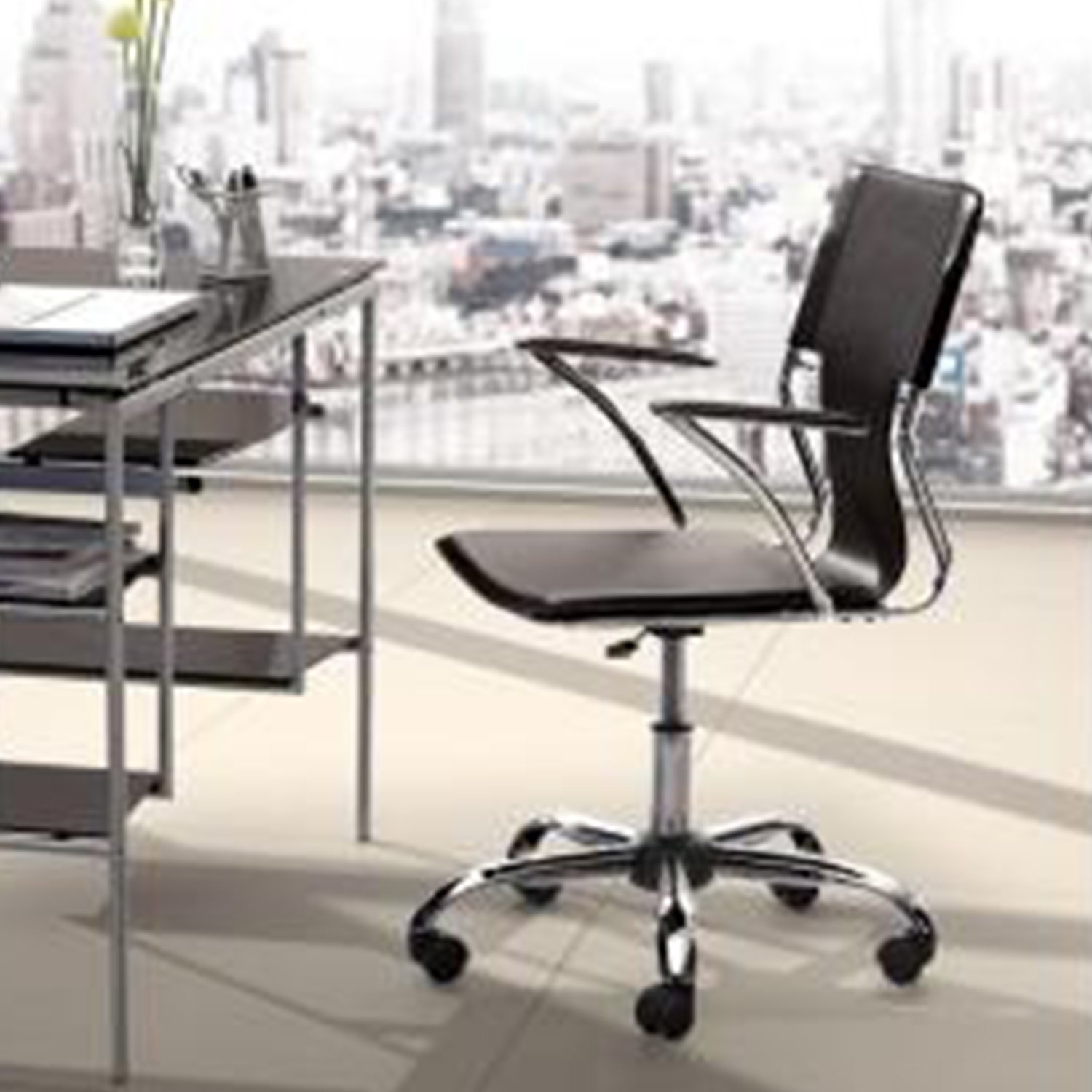 Espresso Leatherette Chromed Office Chair with plush arm pads and sleek design, featuring a sturdy chromed steel frame.