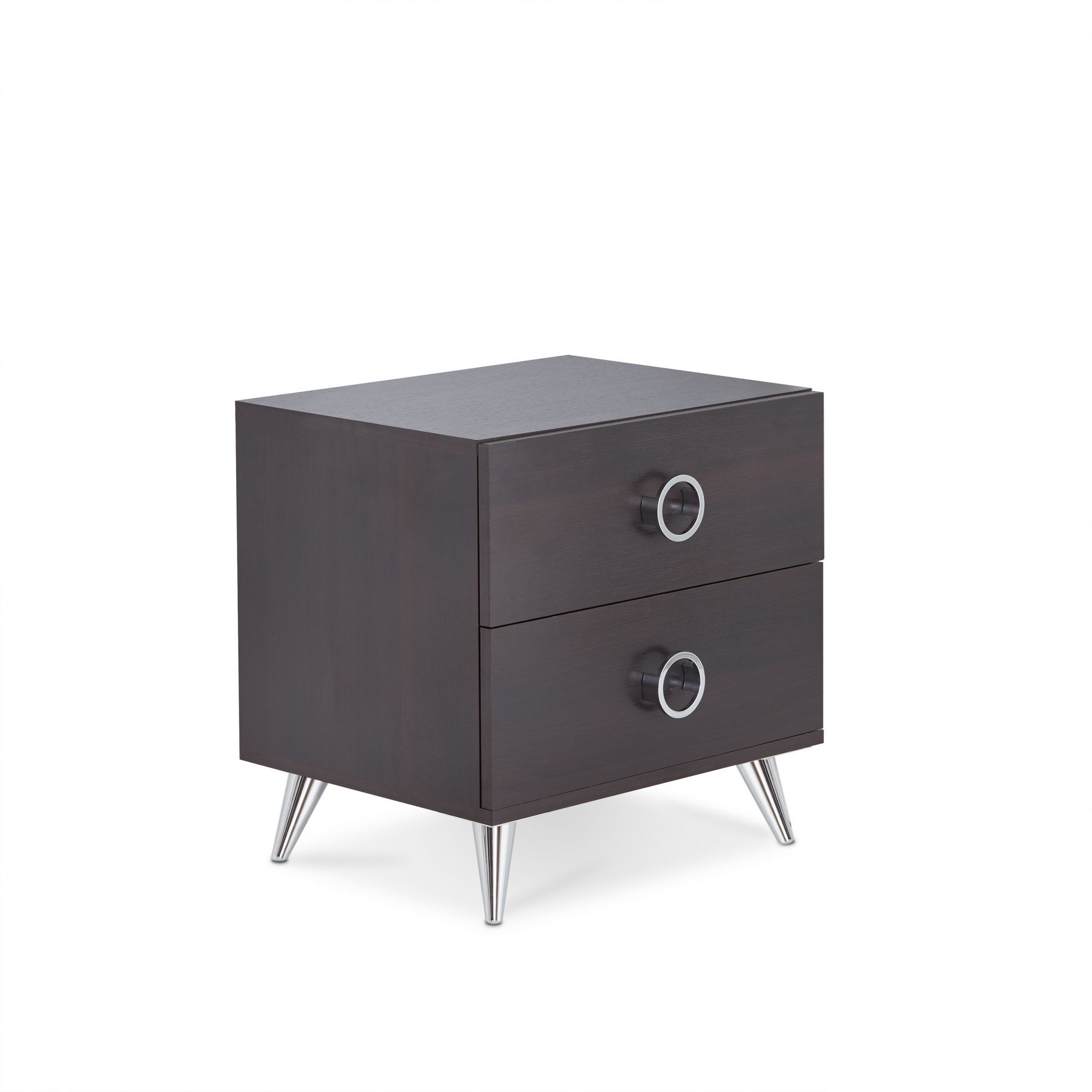 Espresso Wood Finish Rectangular Night Stand with silver tapered legs and ring pulls, showcasing a stylish and elegant design.