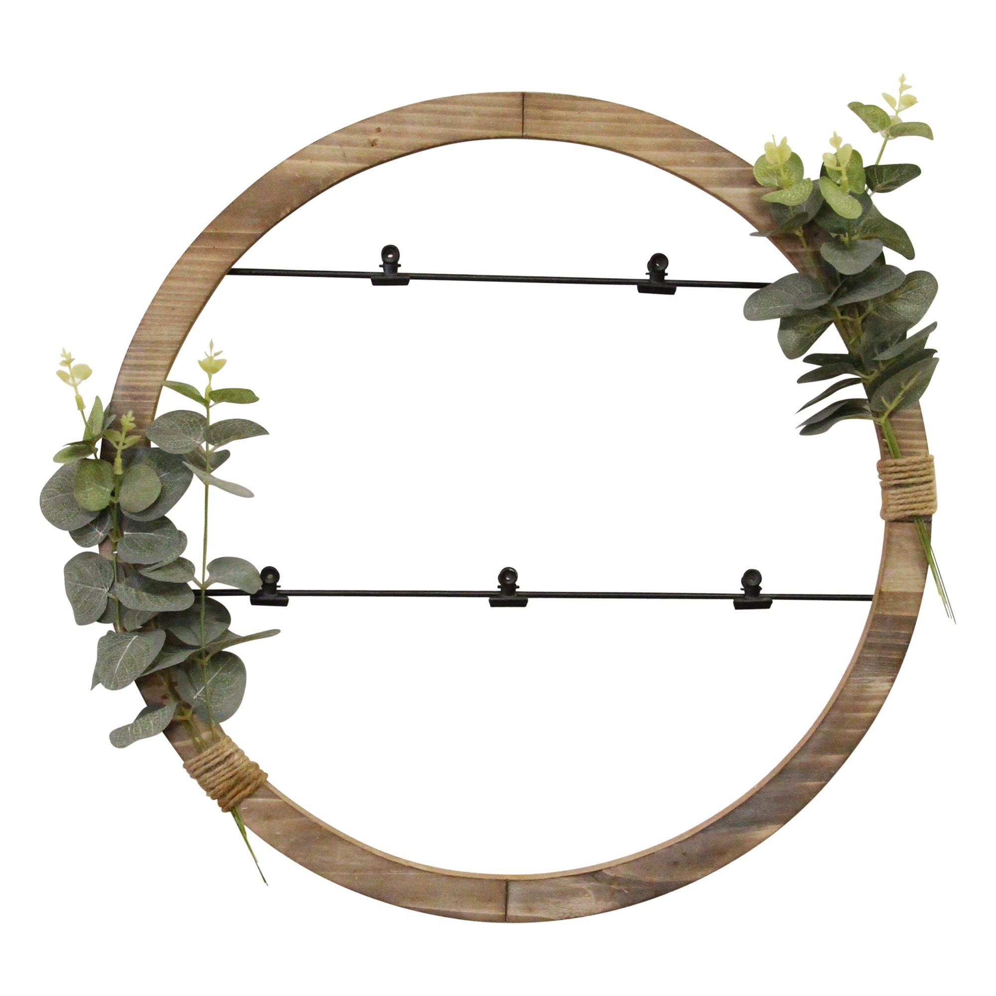 Eucalyptus Photo Holder Wall Art featuring a distressed white wood frame with decorative eucalyptus and five black metal clips for photos.