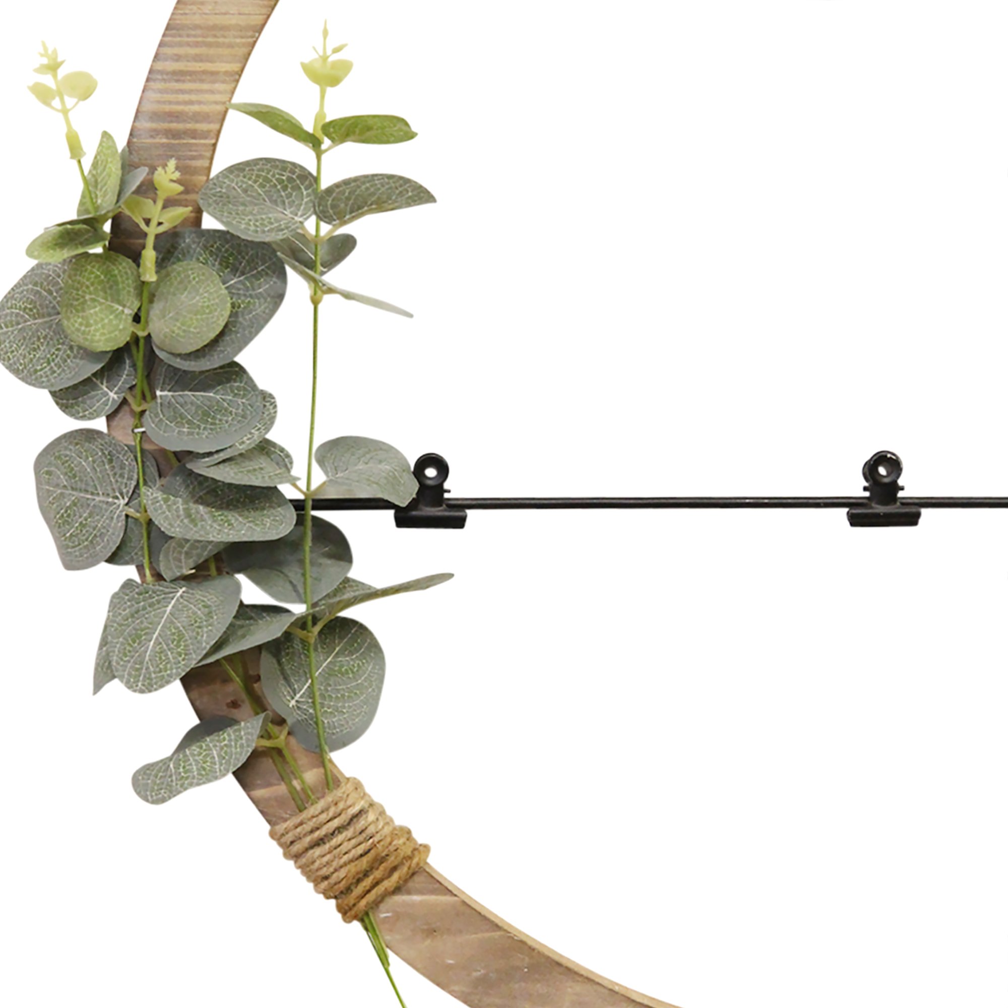 Eucalyptus Photo Holder Wall Art featuring a distressed white wood frame with decorative eucalyptus and five black metal clips for photos.