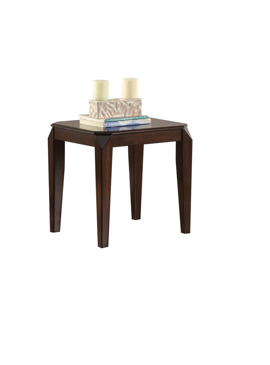 Faceted Corner Walnut Square End Table with tapered legs and warm walnut finish, ideal for living room decor.