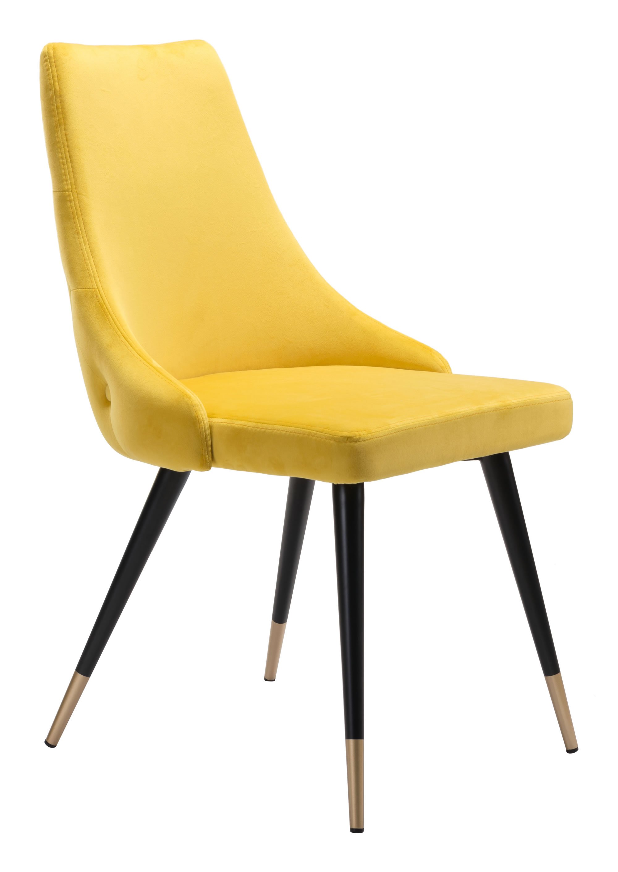 A set of two fashionable canary yellow velvet dining or side chairs featuring button tufting and black legs with brass tips.