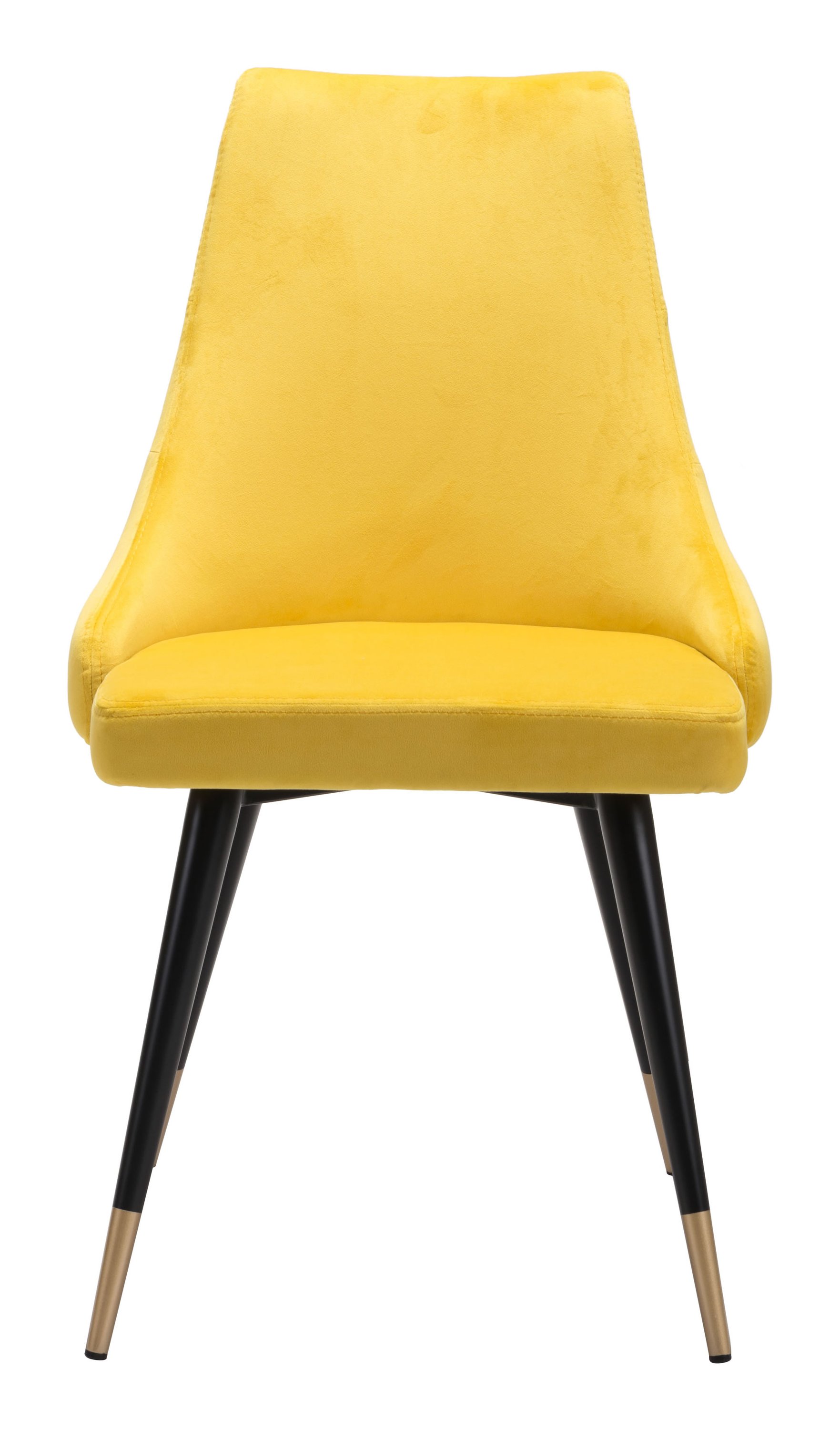 A set of two fashionable canary yellow velvet dining or side chairs featuring button tufting and black legs with brass tips.