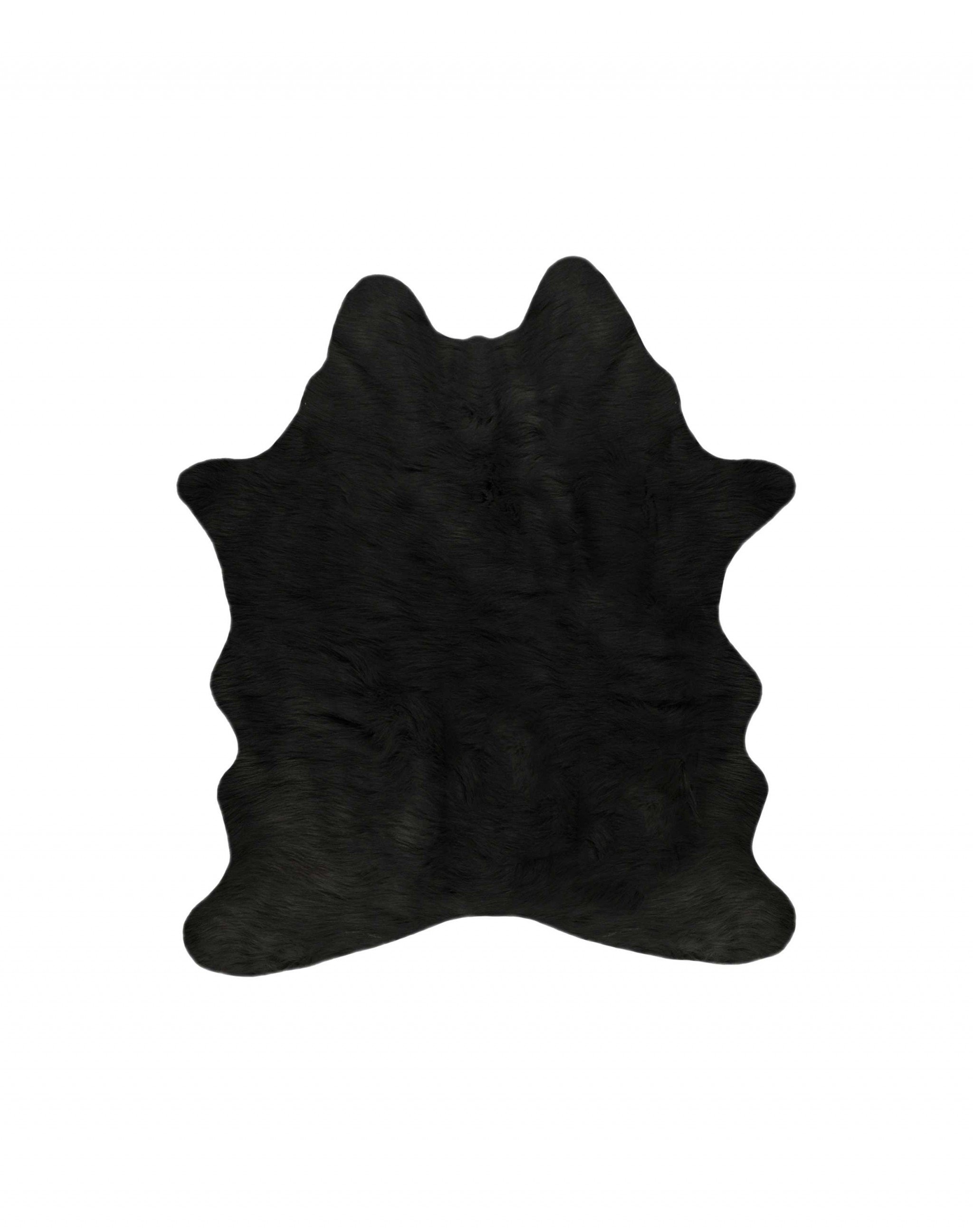 Luxurious black faux cowhide rug measuring 4 x 5 feet, showcasing a soft, low pile texture and elegant sheen.