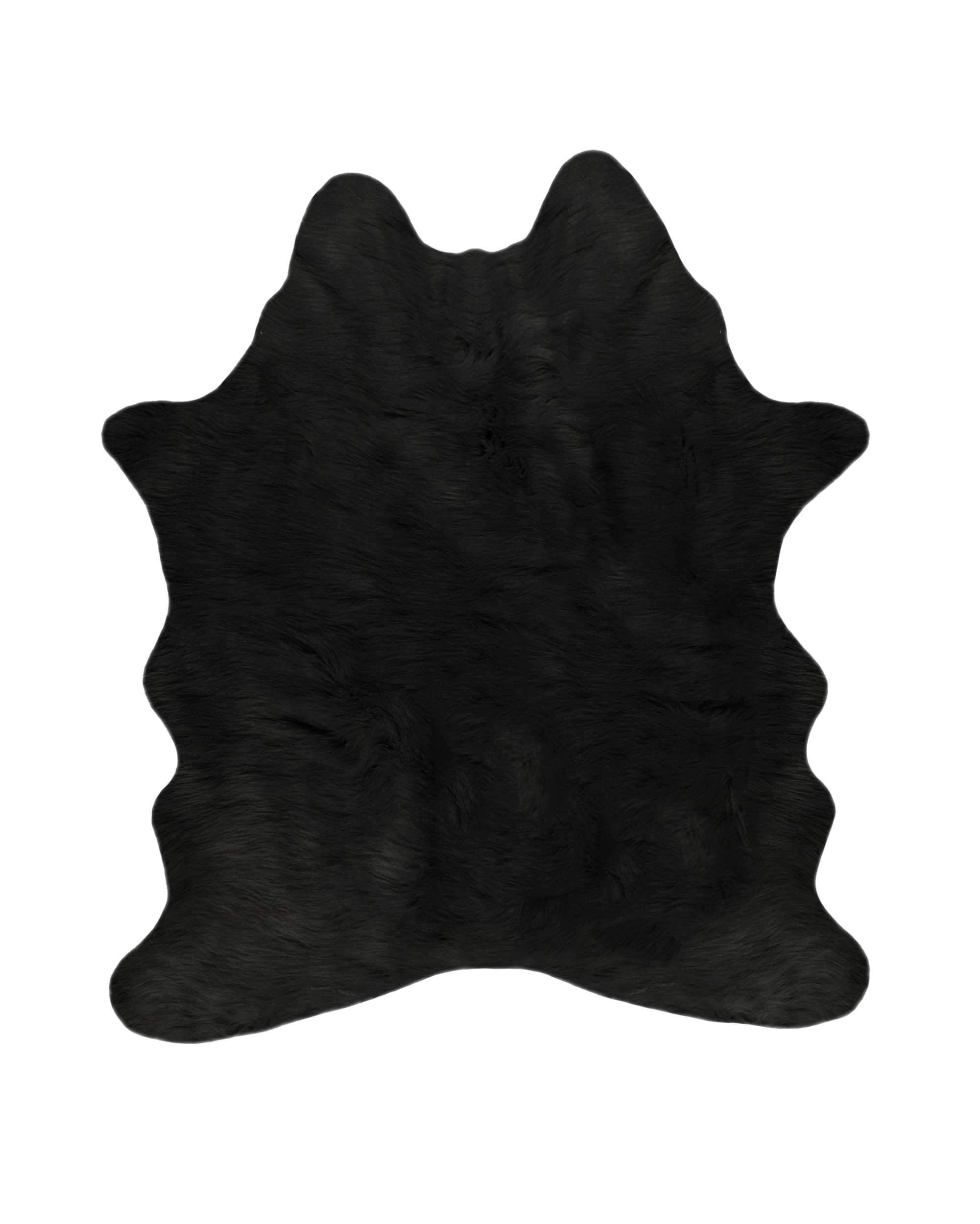 Luxurious black faux cowhide rug measuring 5 x 7 feet, showcasing a soft, low pile texture and elegant sheen, perfect for home decor.