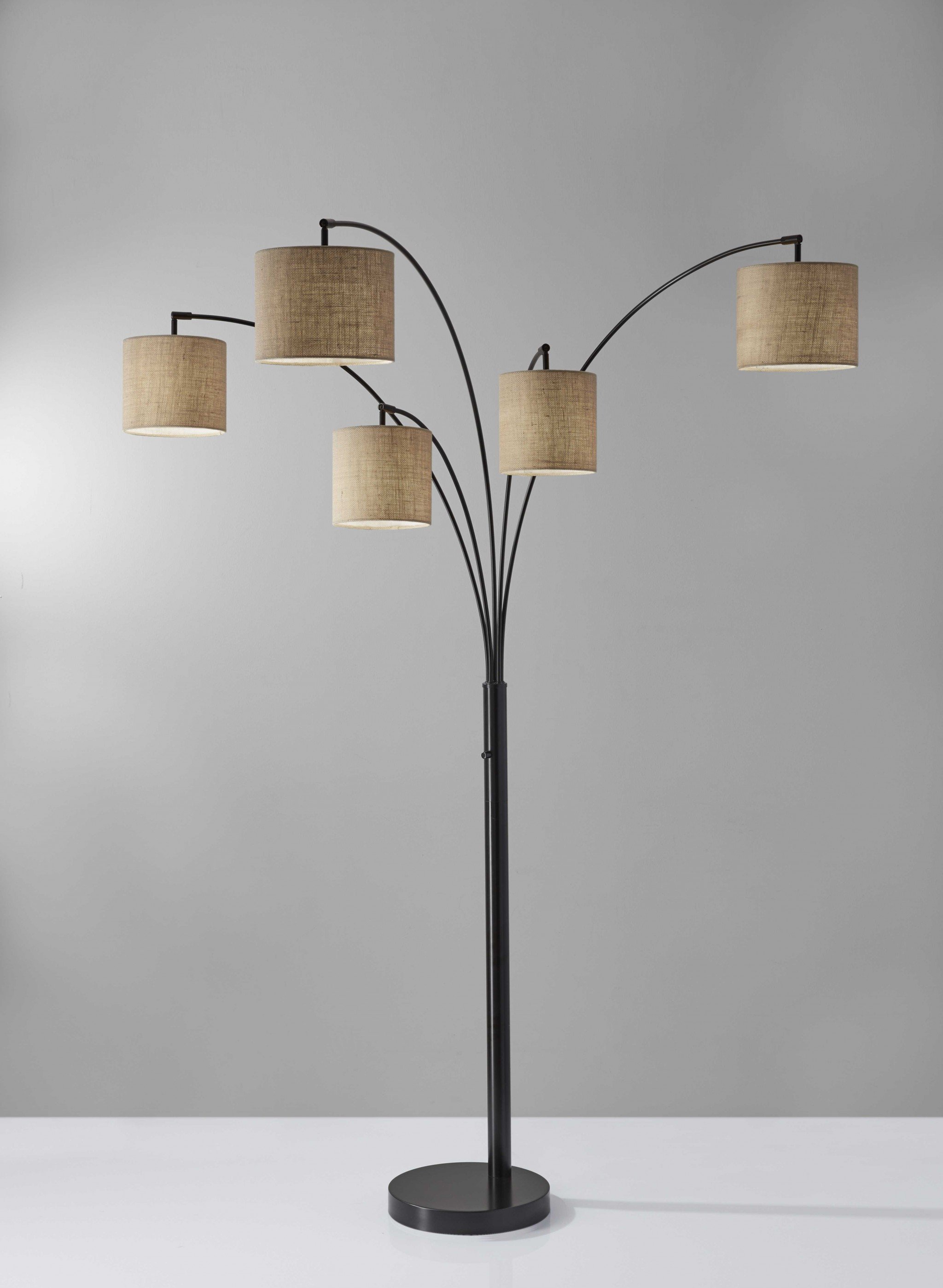 Five Light Floor Lamp with brushed steel arc arms and white drum shades, showcasing modern design and elegant lighting.