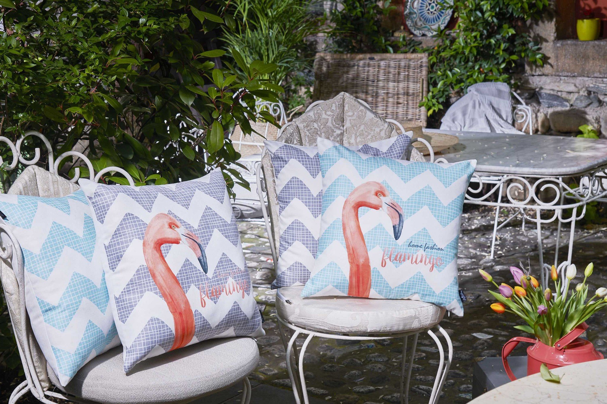 Flamingo and Aqua Chevron Decorative Throw Pillow Cover showcasing vibrant colors and luxurious fabric with hidden zipper closure.