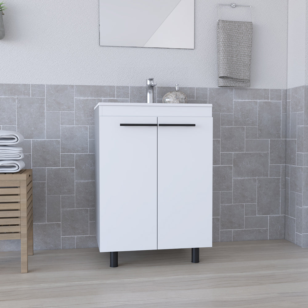 Oxnard Floor Cabinet with double doors in a pure white finish, designed for narrow-space bathrooms, featuring a reinforced resin countertop.