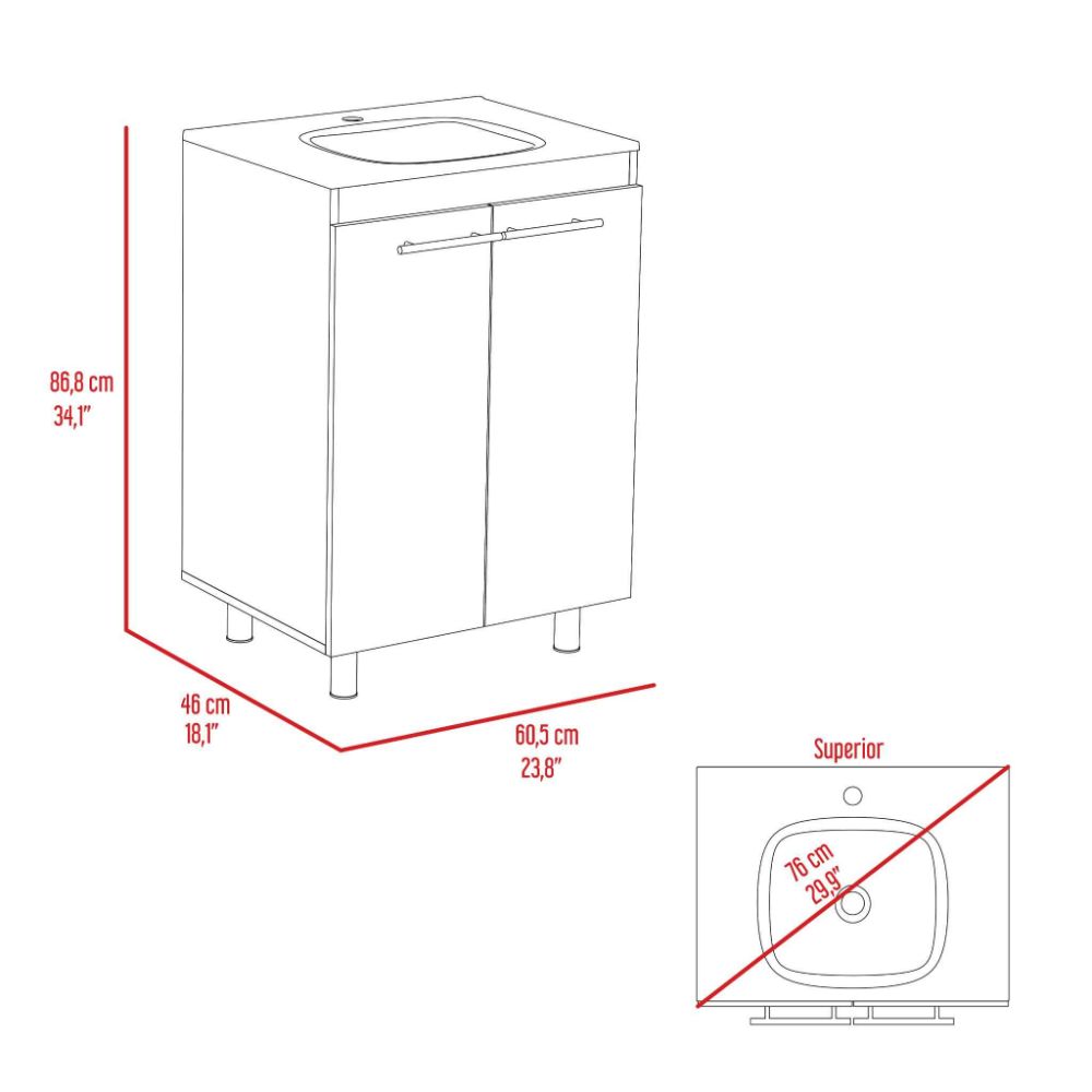 Oxnard Floor Cabinet with double doors in a pure white finish, designed for narrow-space bathrooms, featuring a reinforced resin countertop.