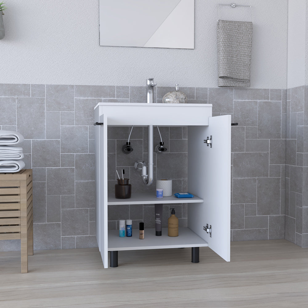 Oxnard Floor Cabinet with double doors in a pure white finish, designed for narrow-space bathrooms, featuring a reinforced resin countertop.