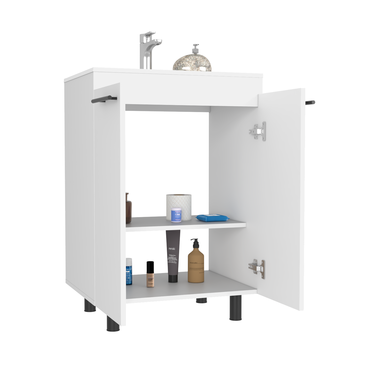 Oxnard Floor Cabinet with double doors in a pure white finish, designed for narrow-space bathrooms, featuring a reinforced resin countertop.